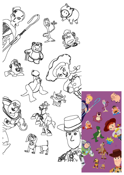 Beloved Toy Story cartoon characters presented as black outline drawings and a vibrant colored collage on a purple background.