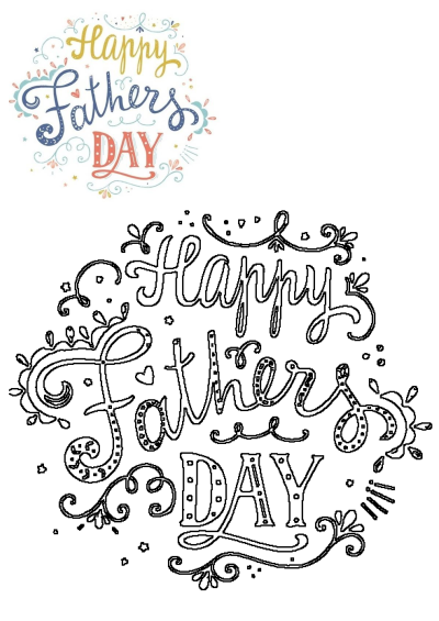 Decorative Happy Father's Day lettering, featuring a colorful design and a black outline version with whimsical flourishes.