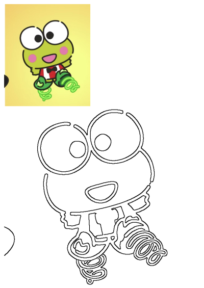Keroppi cartoon character with big eyes. A green frog in a red suit on a yellow background, with a black and white outline version below.