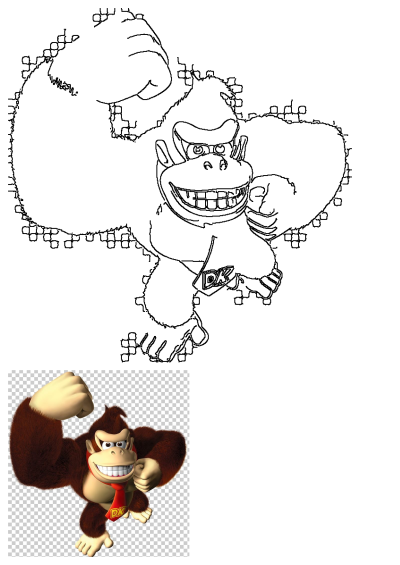 An animated Donkey Kong monkey flexing with his signature DK tie logo, presented alongside a blocky black outline drawing of the character.