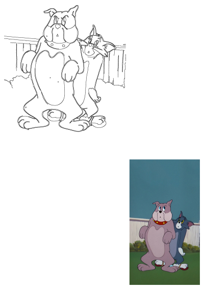 Tom and Spike cartoon characters standing in front of a white fence. Spike the bulldog is in front, while Tom the cat peeks from behind.