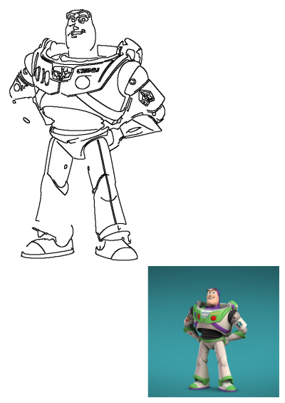 Buzz Lightyear from Toy Story shown as a detailed outline drawing and a full-color render in his iconic suit, set against a blue background.