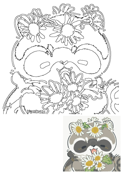 Cute Raccoon With Daisy Crown Art, a charming line art illustration of a raccoon wearing a daisy crown and holding a daisy bouquet.