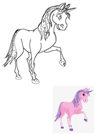 Magical pink unicorn illustration with sparkling purple mane, tail, and horn, featuring both a vibrant colored version and a clean outline.