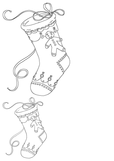 Outline drawing of two festive Christmas stockings adorned with gingerbread men, ribbons, and various holiday decorations.