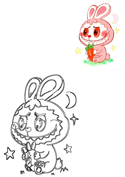 A charming pink bunny illustration holding a carrot, with stars and a crescent moon, presented alongside its outline version for drawing.