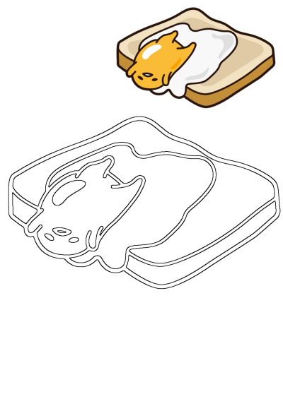 Gudetama egg on toast, a charming cartoon breakfast image, ideal for an egg cheese sandwich theme. Also includes a coloring page.