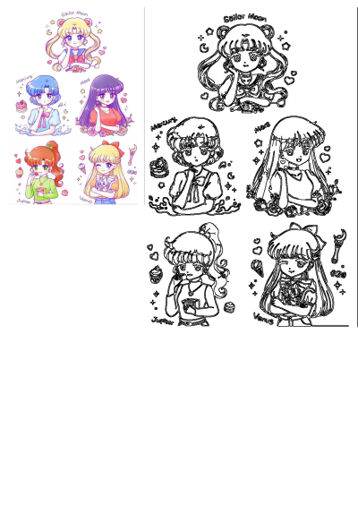 Sailor Moon and Sailor Scouts cute anime fanart featuring chibi style characters, each surrounded by hearts, stars, and sweet treats.