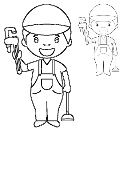 Cartoon plumber outline smiling in cap and overalls, holding a wrench and a plunger. Ideal for service themes and professional design.