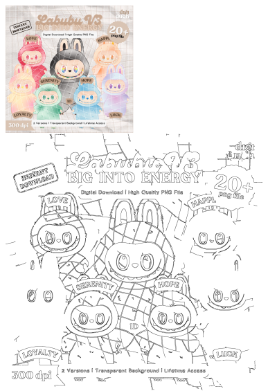 Labubu V3 cute monster characters digital download. Features colorful illustrations and transparent outline PNGs, 300 dpi, for projects.