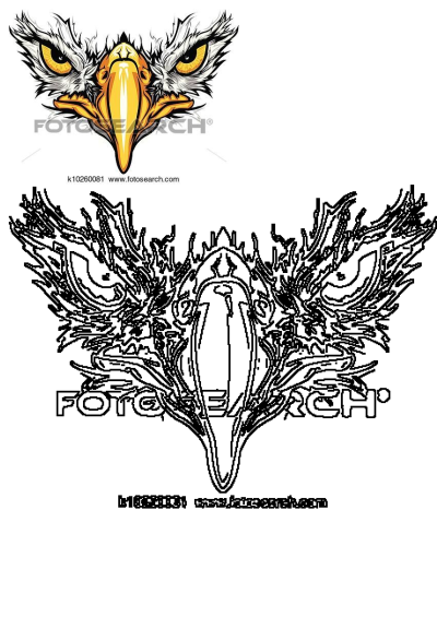 A detailed illustration of an eagle's head with piercing yellow eyes, a large golden beak, and textured white feathers.