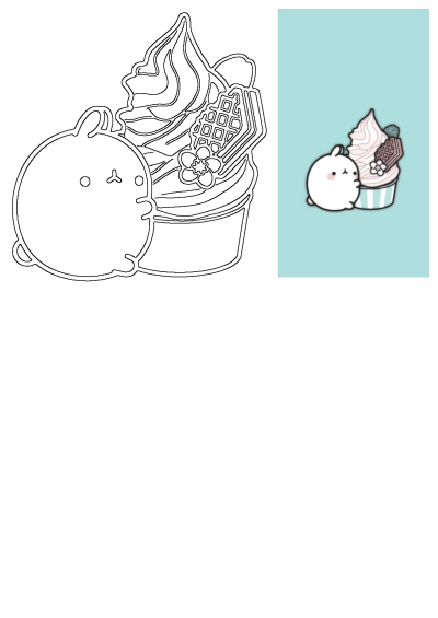 A cute Molang bunny and kawaii cupcake with pink whipped cream, waffle, and flower. Both outline and colored versions on a blue background.