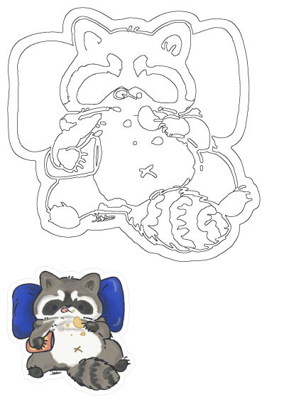 Cartoon raccoon enjoying chips and snack food. Features a cute lounging raccoon and its outline design for crafts or drawing.