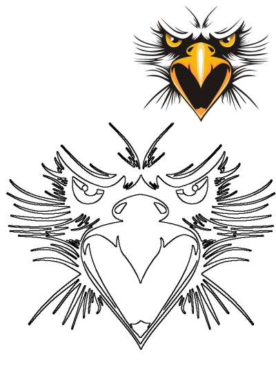 A fierce eagle head illustration with striking yellow eyes, black feathers, and a yellow beak. Also features a clean black outline version for design projects.