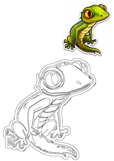 Vibrant green lizard cartoon animal sticker with big orange eyes, and its line art outline, perfect for kids' crafts or coloring activities.