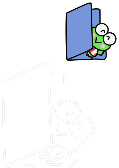 A cute green cartoon character, Keroppi the frog, with big eyes and a pink blush, peeks from behind a blue door. Playful image.