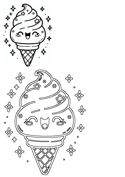 Cute kawaii ice cream cone black and white illustration featuring two smiling cones surrounded by sparkling stars.