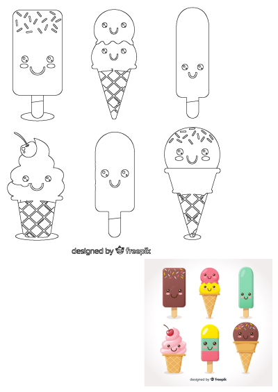 A collection of cute cartoon ice creams and popsicles with happy faces, featuring both black and white outlines and colorful illustrations.