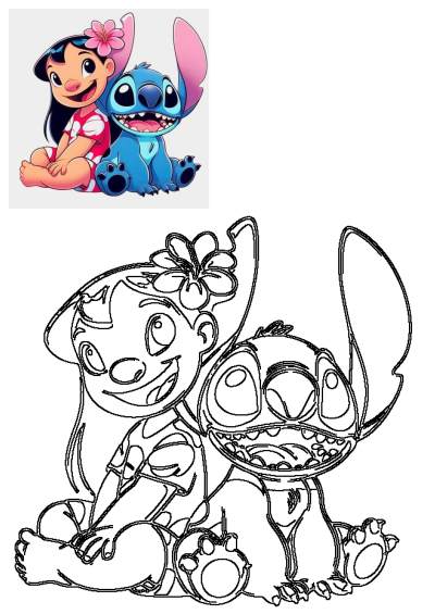 Lilo and Stitch cartoon characters depicted in a colorful illustration and a black-and-white outline, celebrating their friendship.