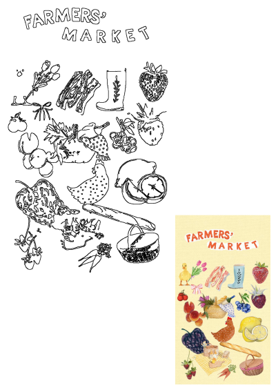 Vibrant farmers market watercolor illustration featuring fresh produce like strawberries, blueberries, lemons, peaches, chicken, and a duckling, on a yellow background.