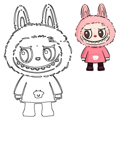 A cute cartoon bunny creature with big expressive eyes and small fangs, wearing a pink fluffy hooded top and shirt.