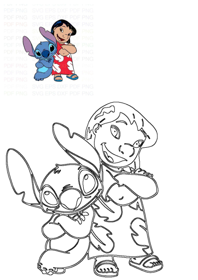 Lilo and Stitch stand side-by-side, arms crossed and smiling, depicted in a vibrant colored illustration and a complementary outline version.