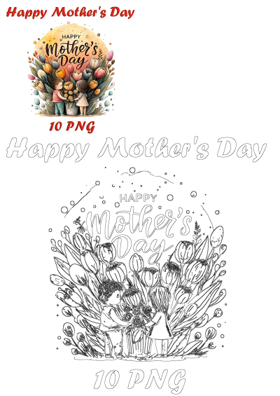 A vibrant Happy Mother's Day flower bouquet with children illustration in watercolor style, alongside an outline version for coloring.