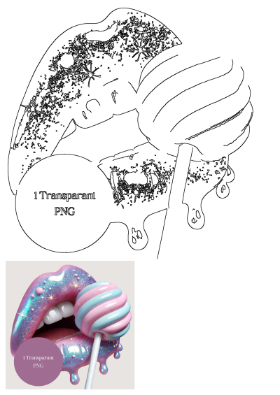 Transparent PNG of sparkling glitter lips with a pink and blue swirl lollipop, featuring glamorous dripping liquid for a sweet and trendy design.