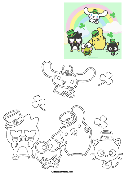 Sanrio characters celebrate St. Patrick's Day wearing green hats with shamrocks & a rainbow, depicted in both colorful and outline styles.