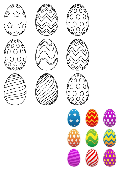Colorful Easter eggs with polka dots, stars, zigzags, waves, and stripes. Features both vibrant designs and black-and-white outlines.
