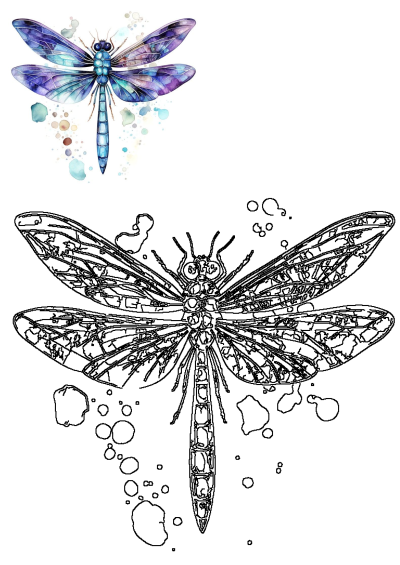 Blue dragonfly watercolor painting with vibrant purple and blue tones and artistic splatters, along with a black outline.