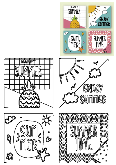 Four vibrant summer illustration cards featuring pineapple, sun, watermelon, and starfish motifs with various summer greetings.