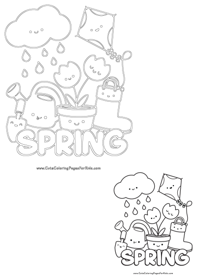 Cute spring illustration for kids featuring a happy cloud with raindrops, a flying kite, blooming tulips, gardening tools, and rain boots.