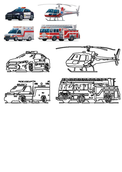 Collection of emergency vehicles including colored illustrations and black line art outlines of a police car, fire truck, ambulance, and helicopter.