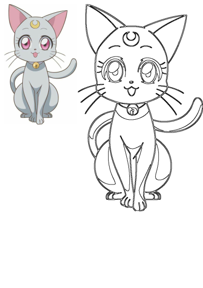 Sailor Moon's Luna cat sitting with bright pink eyes and a golden crescent moon emblem. Includes a colored version and an outline.