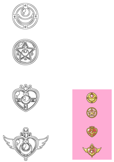 A collection of Sailor Moon badges, featuring both outline drawings and colorful versions with gold trimmings on a pink background.