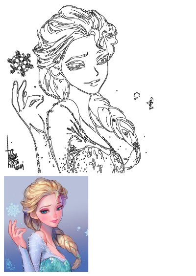 A detailed line art portrait of Frozen's Elsa, the Snow Queen, showing her iconic braided hair and elegant ice dress, conjuring snowflakes.