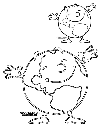 Black and white cartoon of a smiling Earth with waving hands, a friendly face, and small feet. Great for educational resources.