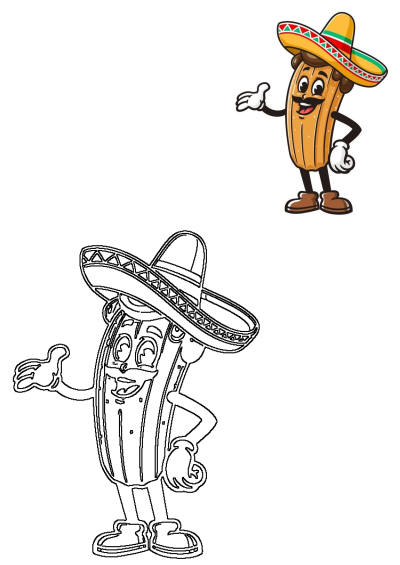 Friendly cartoon churro mascot wearing a sombrero and mustache, smiling and presenting. Image includes both a colorful and outline version.