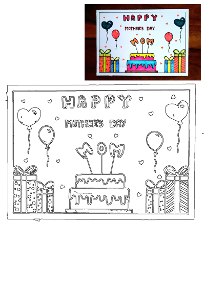A vibrant and outline Mothers Day drawing featuring a cake, gifts, and balloons, perfect for an easy kids school project tutorial.