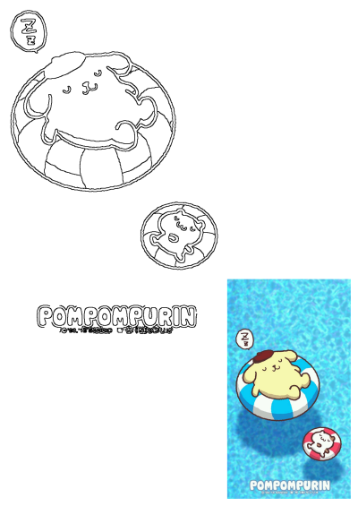 Pompompurin, the cartoon dog, sleeps in a blue and white inflatable pool float raft. A small friend floats nearby in the water.
