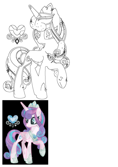 My Little Pony Flurry Heart character art, showcasing both a vibrant colored version and an outline drawing of the princess alicorn.