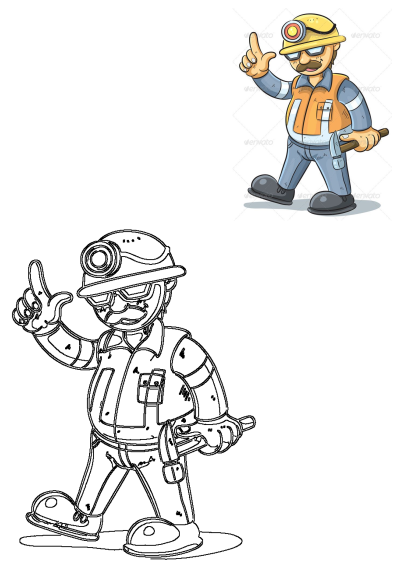A cartoon construction worker in a hard hat and vest, holding a hammer and pointing his finger up. Also includes a line art version.