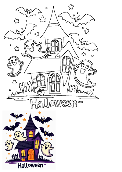 A fun cartoon Halloween scene featuring a spooky house, flying bats, cute ghosts, and a pumpkin. Ideal for holiday designs.