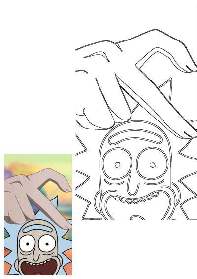 Rick Sanchez with a hand forming a heart, depicted in a colorful image and a black and white line art from Rick and Morty.