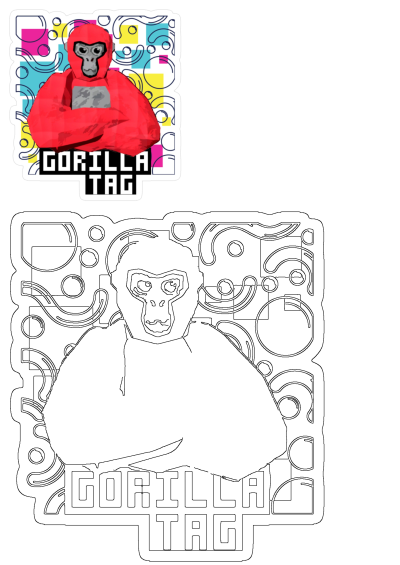 Red Gorilla Tag VR game sticker featuring a pixelated gorilla on a vibrant abstract background, alongside a matching outline design.