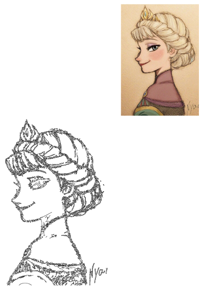 Artistic rendering of Elsa from Frozen, featuring a beautiful colored princess portrait alongside a black and white outline sketch.