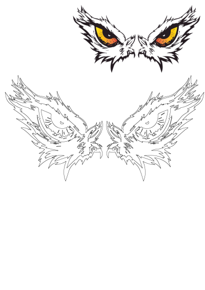 Striking owl eyes with intense orange and yellow irises, complemented by sharp feather details and stylized wing outlines.