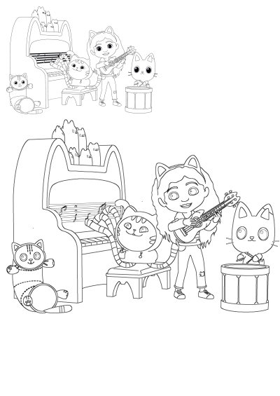 Outline of a cartoon girl playing guitar with her cat music band members on piano and drums, plus a plush cat toy, ready for coloring.