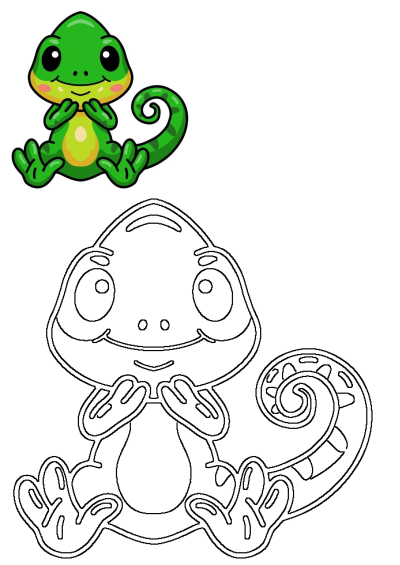 A cute cartoon green and yellow lizard with big eyes is shown sitting, smiling. Below it is an outline drawing of the same lizard, perfect for coloring.